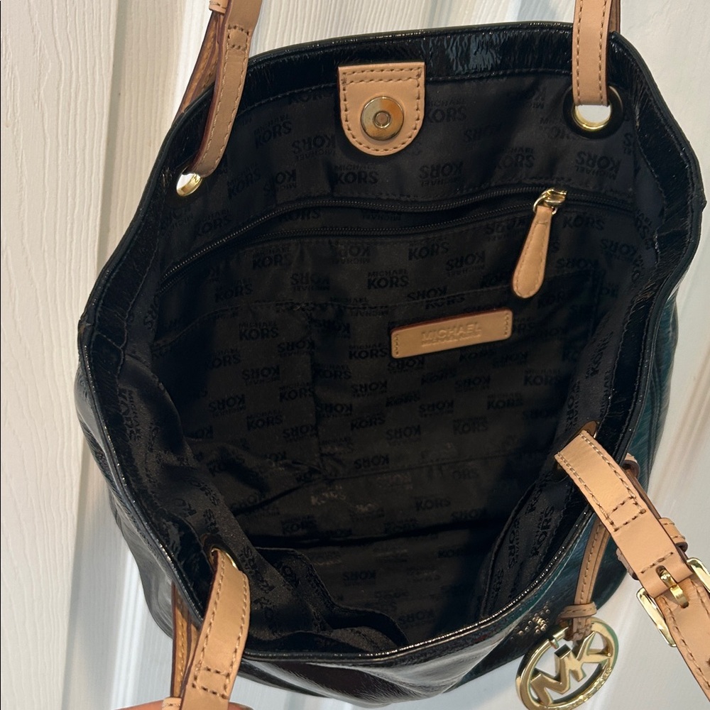 Michael Kors Shiny Black Tote with Tan Straps - Picture 2 of 3